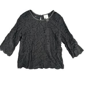 Vintage Y2K Black Lace Sheer Goth XL Blouse Short Sleeve Victorian Glam